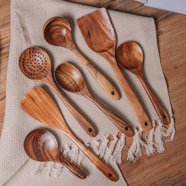 RustiCook sustainable wooden utensil set. Durable, natural wood kitchen tools for healthy cooking.