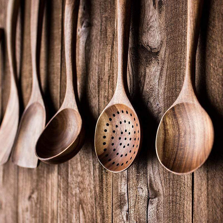 Rustic natural wood cooking utensils, a beautiful and eco-friendly addition to any kitchen.