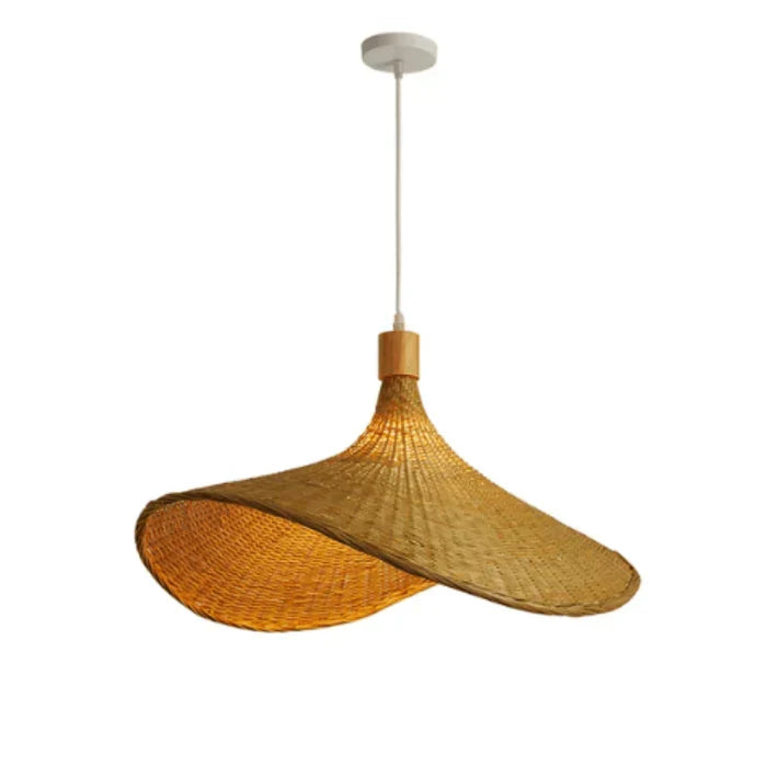 Close-up of a natural woven rattan pendant lamp, showcasing intricate craftsmanship & texture. Bohemian ceiling light.