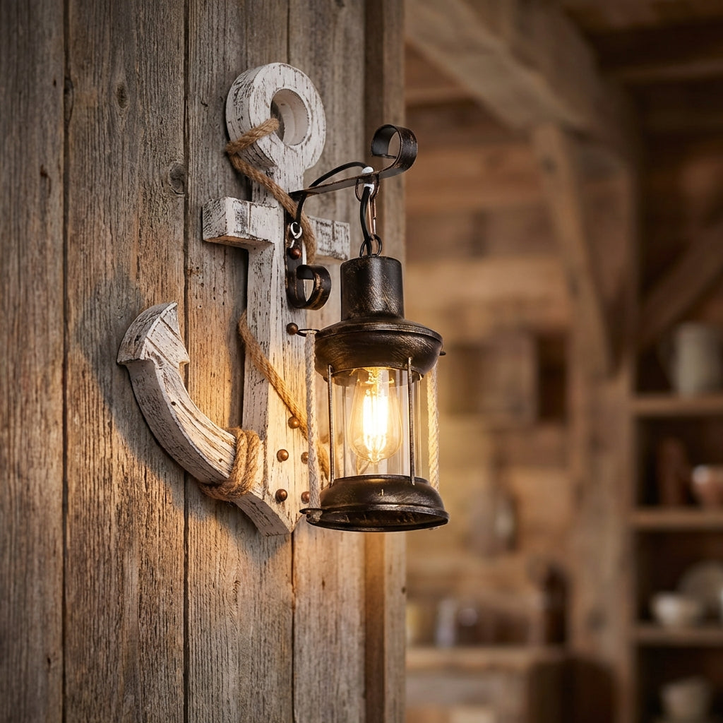 Nautical Anchor Wall Sconce, NautiGlow, with warm LED light, perfect for coastal home decor