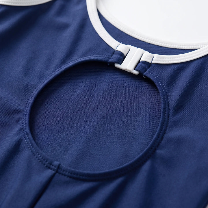 Retro-inspired sporty one-piece swimsuit for women. Wire-free design with removable pads ensures comfort for active wear.