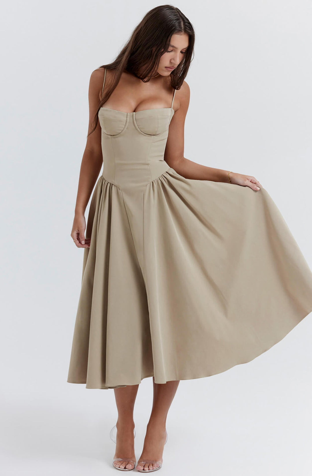 Taupe elegant corset midi dress, a stunning bodycon style for women, perfect for evening parties & formal events.