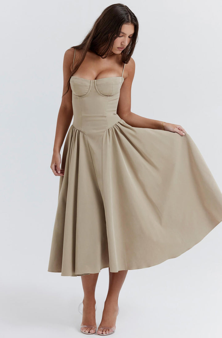 Taupe elegant corset midi dress, a stunning bodycon style for women, perfect for evening parties & formal events.