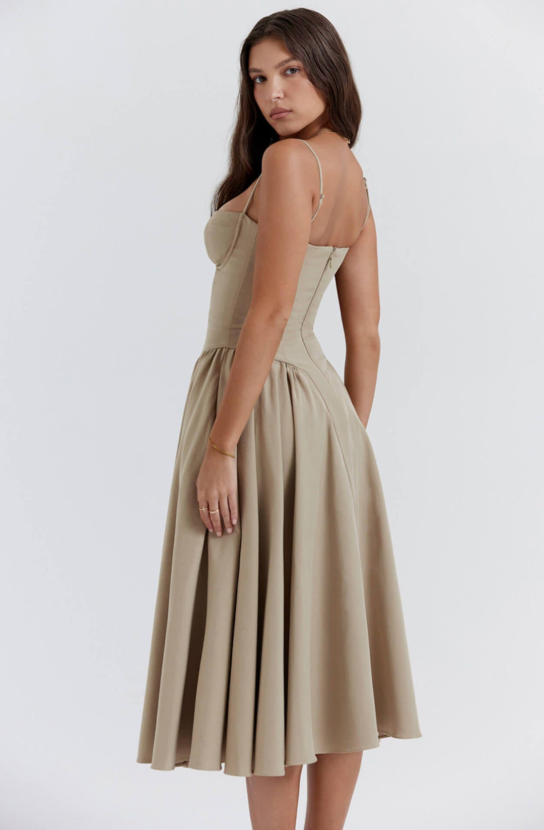 Women's structured corset midi dress, elegant bodycon silhouette, flattering fit, ideal for sophisticated parties.