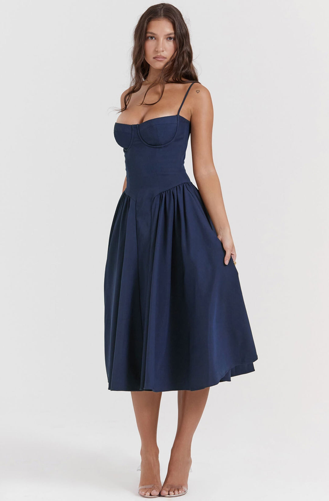 Navy elegant midi dress for women, featuring a chic corset bodice, ideal for evening events, parties & formal wear.