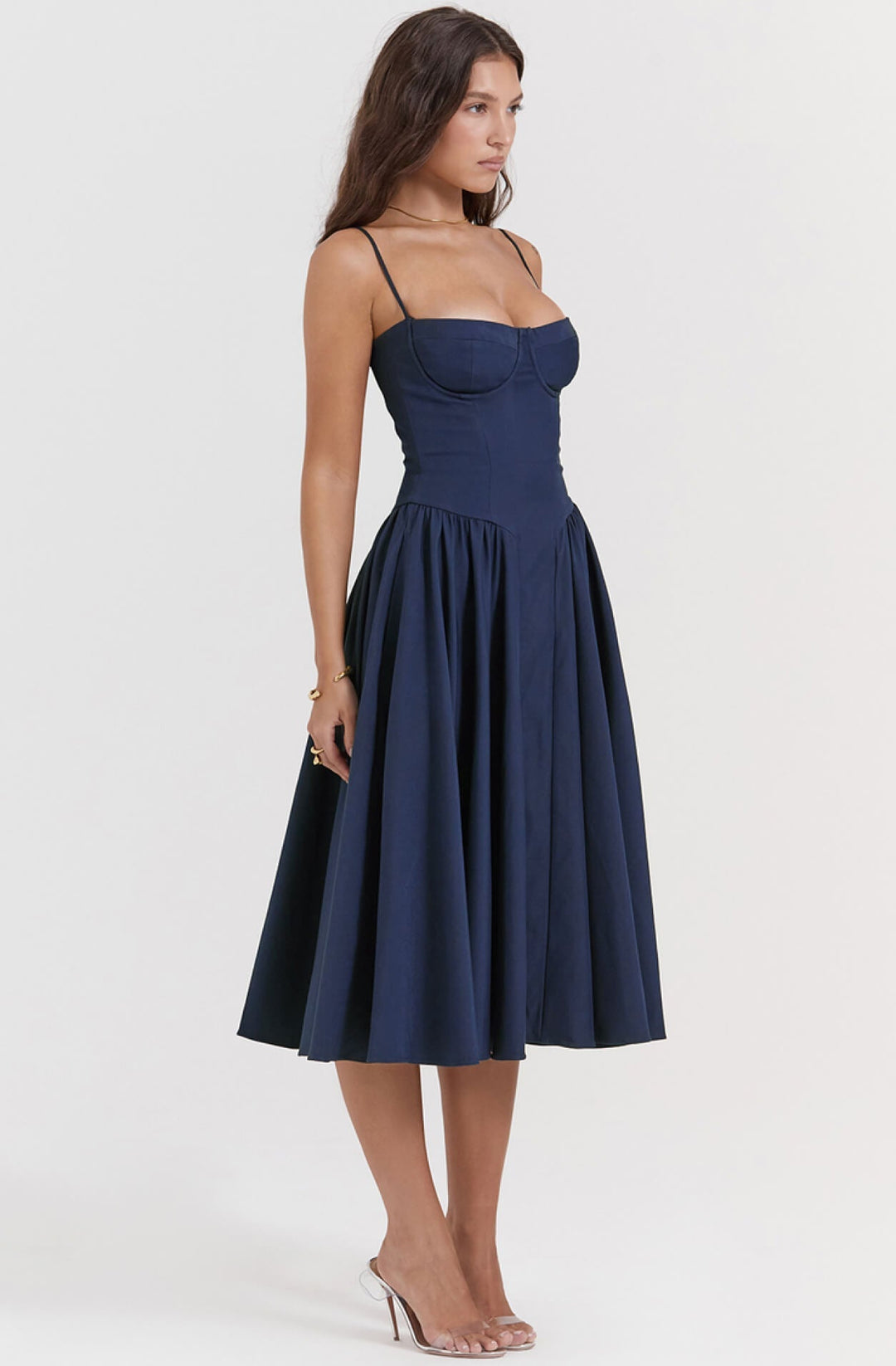 Taupe elegant midi dress for women, with a sophisticated corset design, perfect for evening wear & party nights.