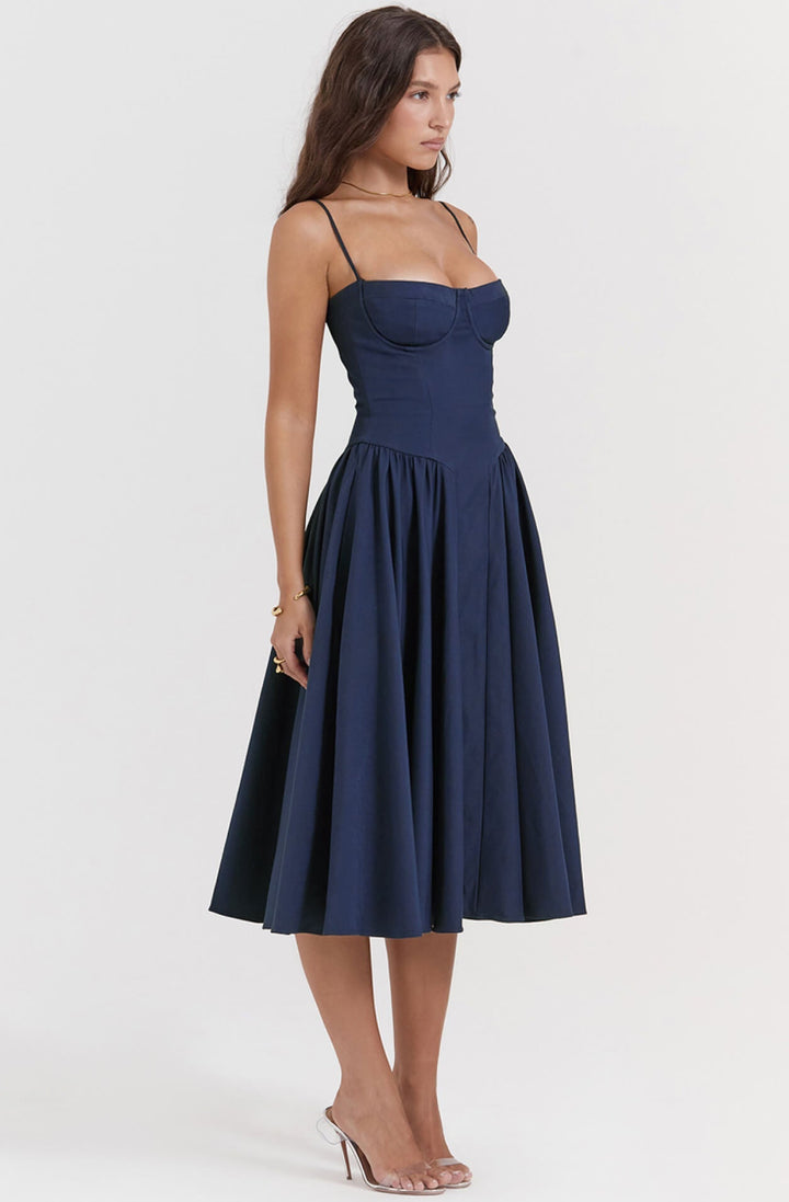 Taupe elegant midi dress for women, with a sophisticated corset design, perfect for evening wear & party nights.