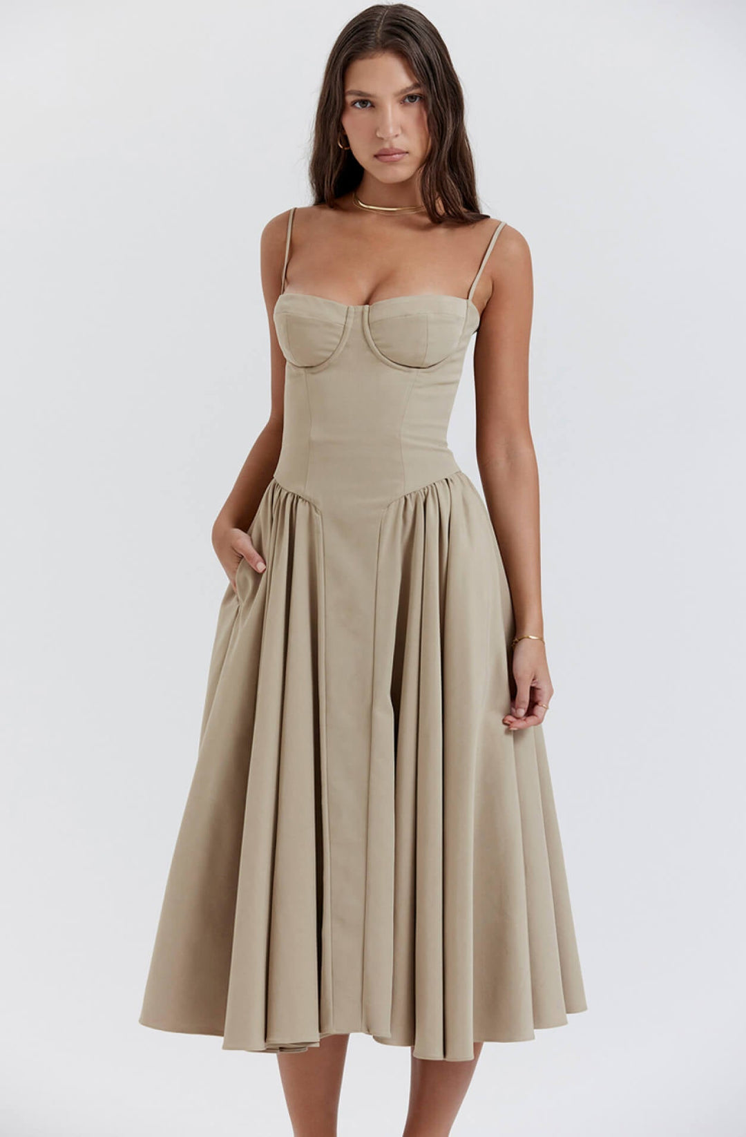 Women's sophisticated taupe corset midi dress, bodycon fit accentuating curves, an elegant party & evening option.