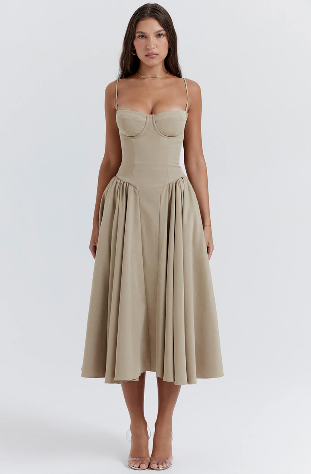 Chic women's evening midi dress, corset style, figure-hugging, elegant bodycon fit, perfect for special occasions.