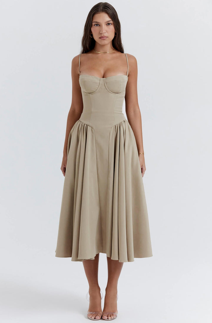 Chic women's evening midi dress, corset style, figure-hugging, elegant bodycon fit, perfect for special occasions.