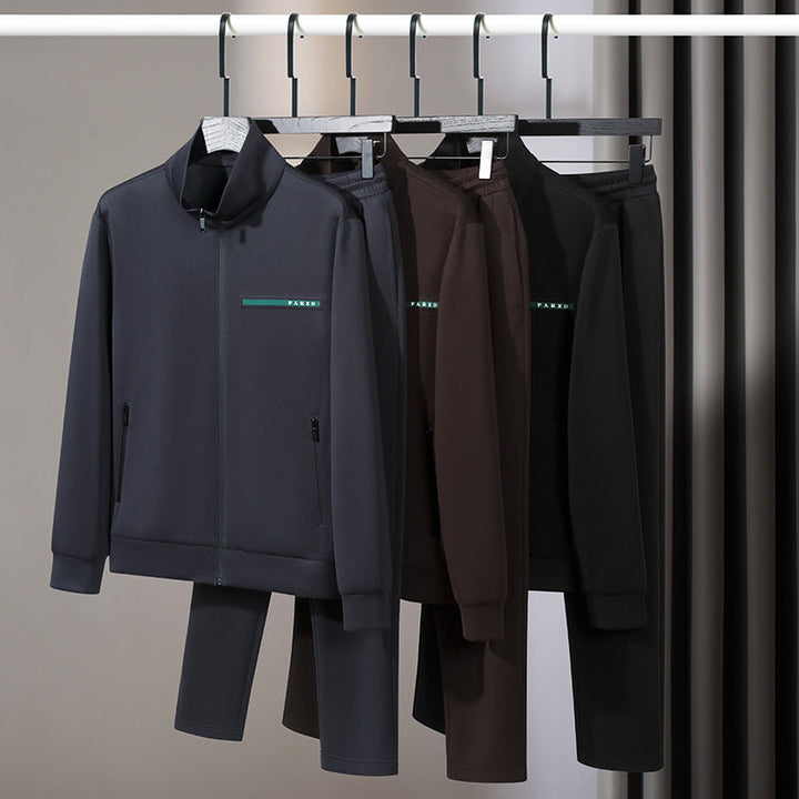 Brown Men's Hype Edge comfortable matching tracksuit set. Stylish sportswear with a zippered top for active lifestyles.