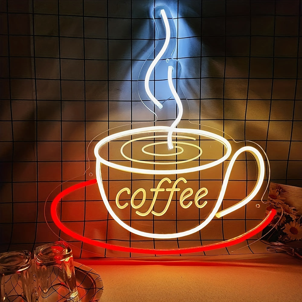 Neon coffee cup wall lamp, perfect modern LED light home decor for kitchens or living rooms.