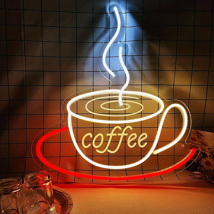 Neon coffee cup wall lamp, perfect modern LED light home decor for kitchens or living rooms.