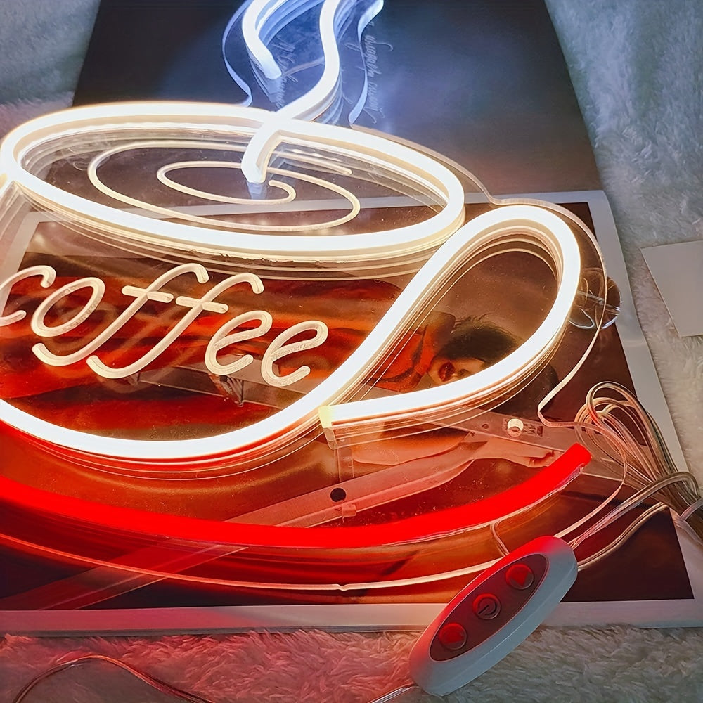 Stylish neon coffee sign LED wall decor. Unique modern design for kitchen, cafe, or living room accent.
