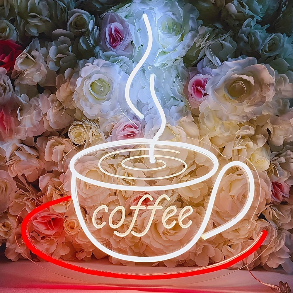 Bright neon coffee cup LED wall lamp, a modern home accent & unique gift for coffee lovers.