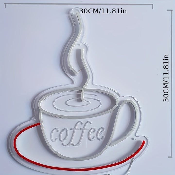 Vibrant neon coffee cup sign LED lamp, modern wall decor accent. Ideal for contemporary kitchen or living room.