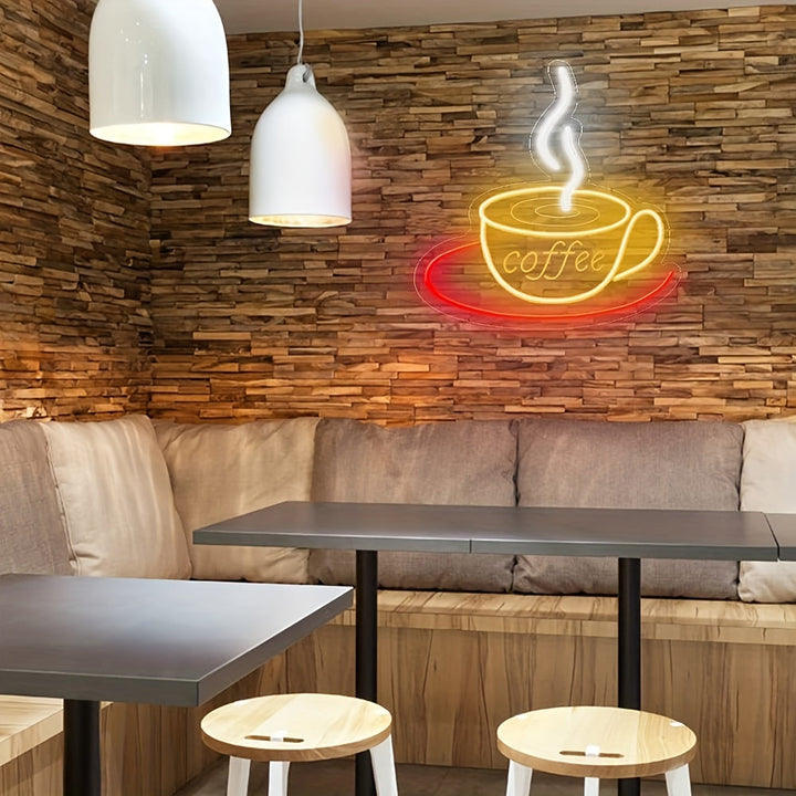 Modern neon coffee cup wall lamp. LED light coffee sign, stylish home accent & unique decor gift.
