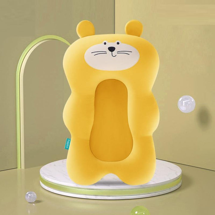 Newborn safety bath cushion. Soft, quick-dry cotton with anti-slip design for comfy infant bathtime support.