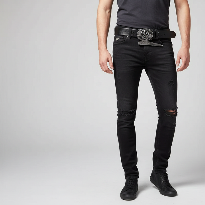 Close-up of Nightblade men's leather belt buckle, revealing discreetly hidden knife, ideal for survival