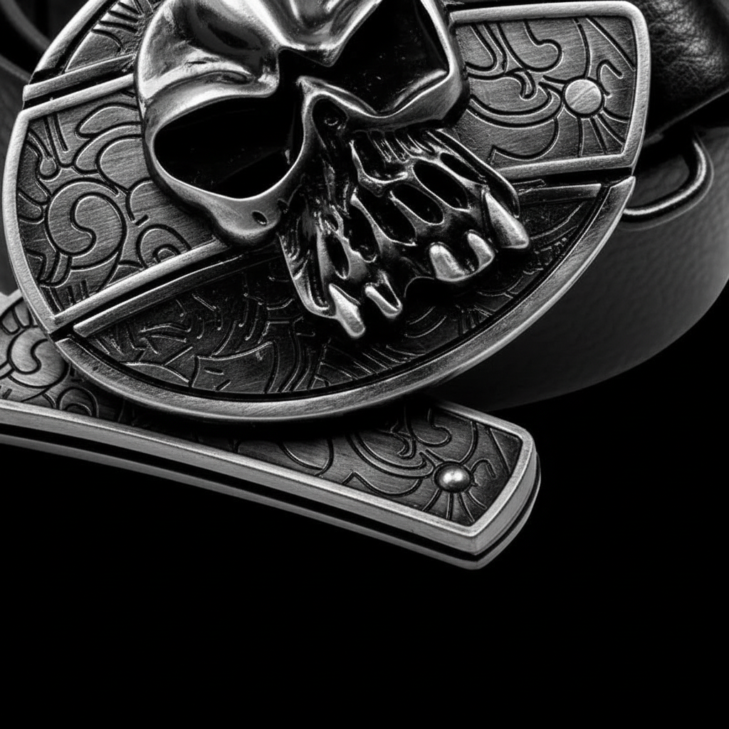 Stylish Nightblade black leather belt for men, featuring a unique, concealed knife buckle for emergencies