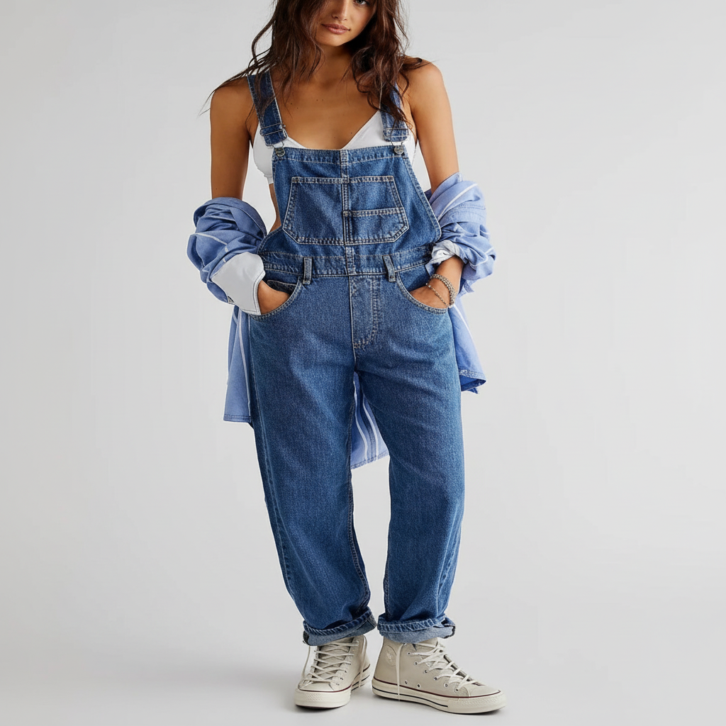 Fashionable women's denim jumpsuit, Nina, offering a relaxed fit and versatile styling options