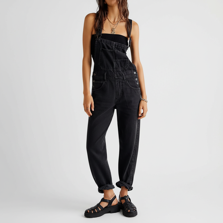 Close-up of the textured cotton denim fabric of Nina women's comfortable jumpsuit