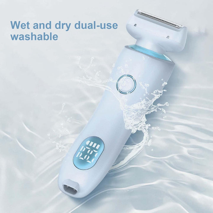 Close-up of Nivora women's electric razor head showing 3D floating foil and three blades