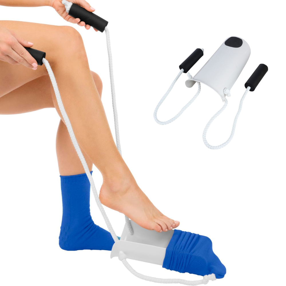 No-bend sock helper tool for easy dressing. Ideal for elderly, hip/knee surgery recovery, back pain relief.