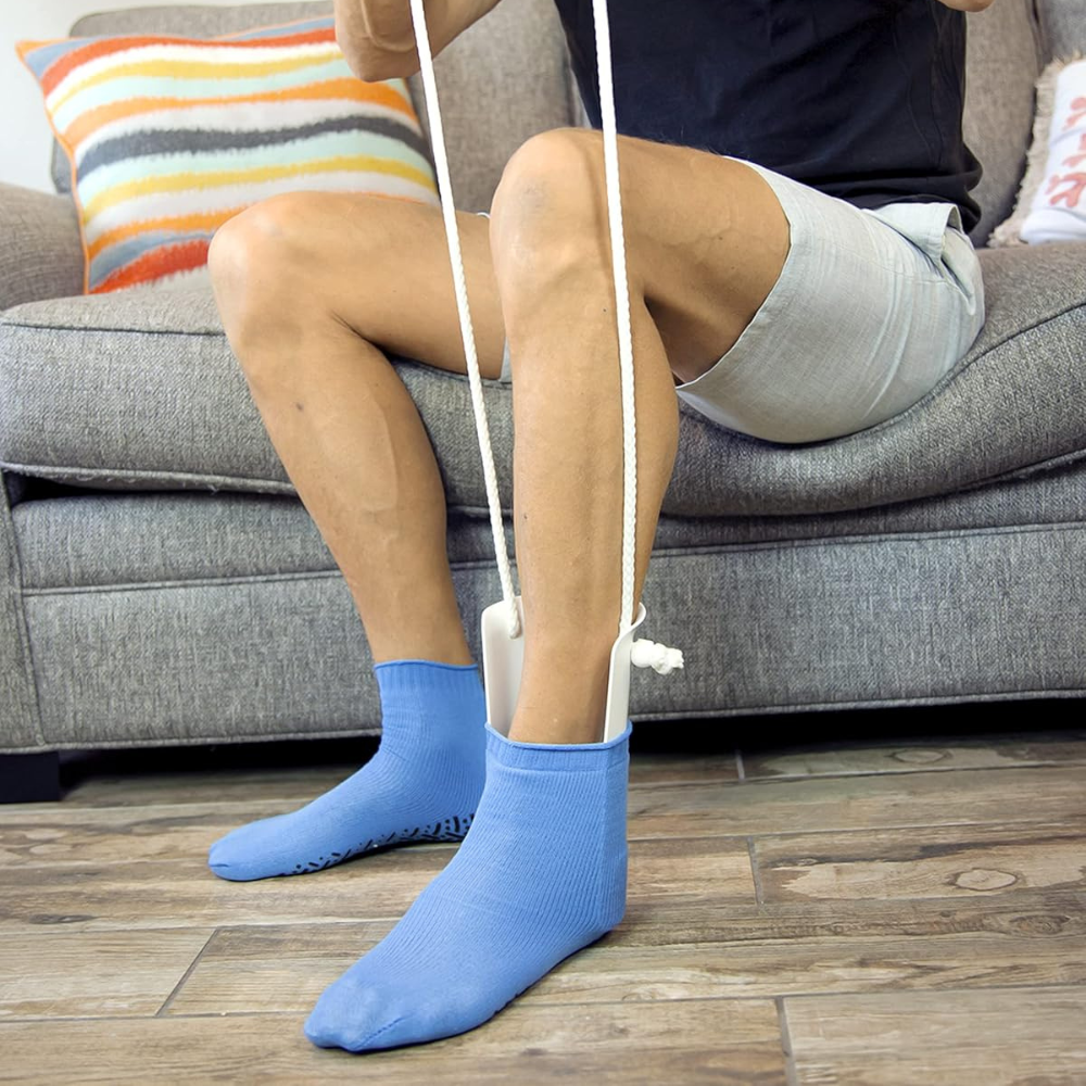 Compression sock donner tool for easy wearing of stockings & socks. Perfect daily living aid for back pain.