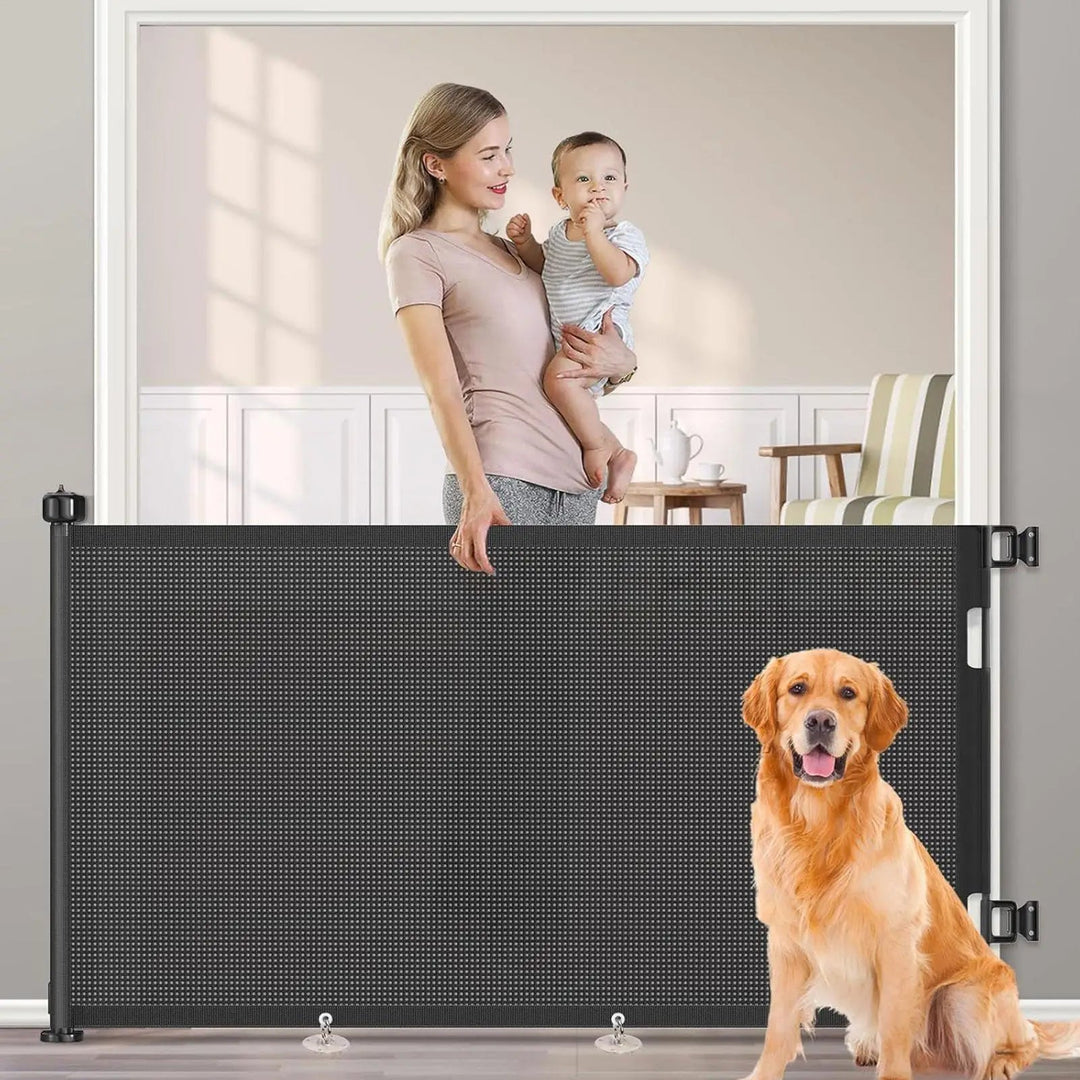 No-Drill Retractable Pet Gate, ideal for doors & stairs. Secure mesh barrier keeps dogs & cats safe.