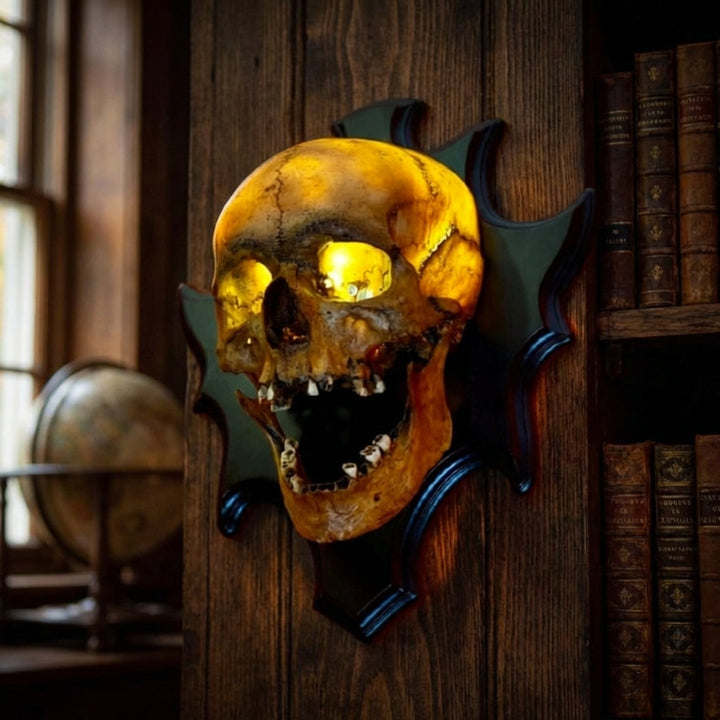 Nocturiskull wall mounted skull lamp with eerie LED glow, resin gothic home accent