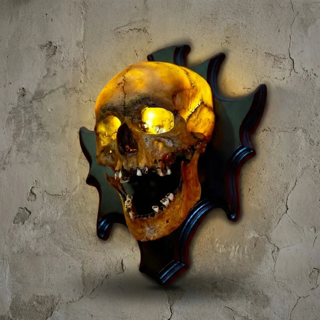 Close-up of Nocturiskull skull lamp, detailed resin art, perfect for Halloween decor