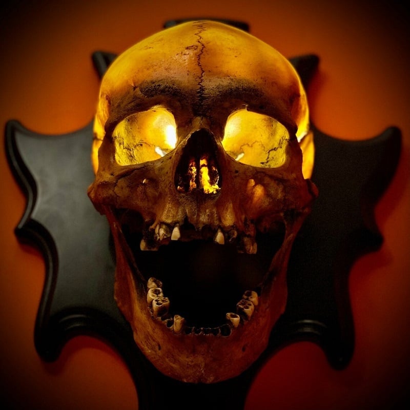 Nocturiskull LED wall decor, skull lamp casting an eerie glow on a bare wall