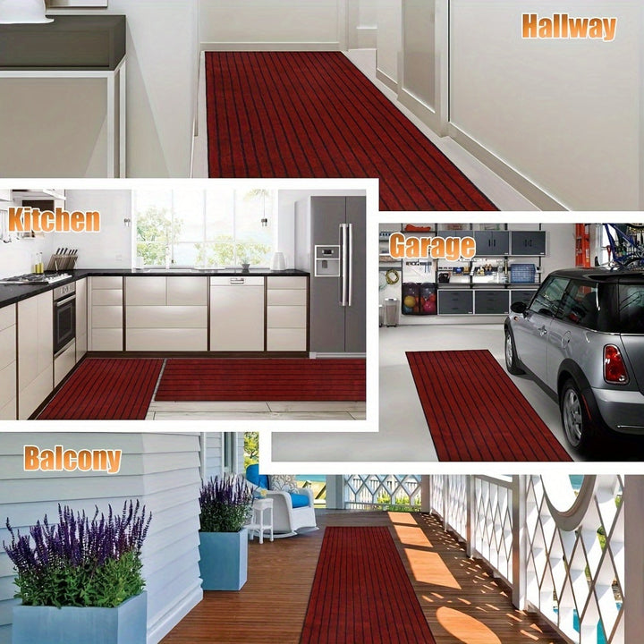 Durable non-slip patio runner rug, striped design, weather-resistant polyester fiber.