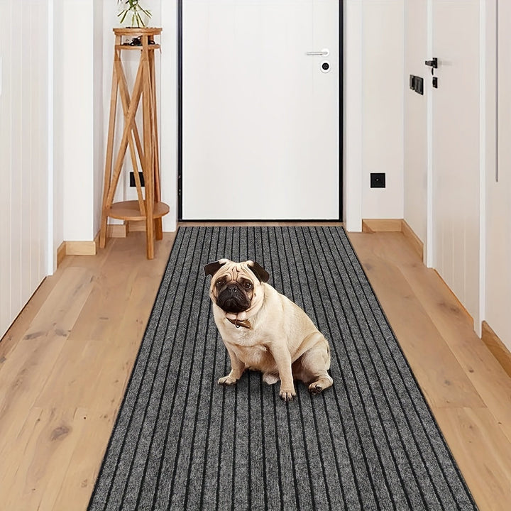 Striped non-slip kitchen floor mat, durable & washable polyester for everyday use.