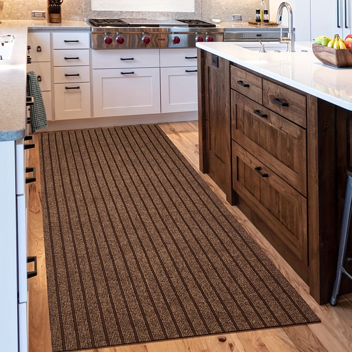 Modern indoor outdoor runner, striped pattern, non-slip for high-traffic areas.