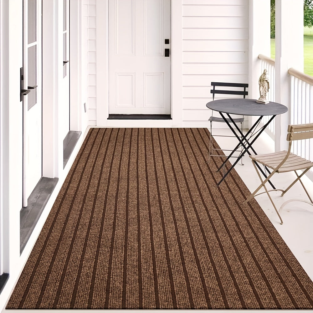 Non-slip durable floor mat, striped design, indoor outdoor versatility, easy to clean.