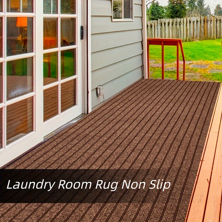 Long striped runner rug, non-slip backing, washable & pet-friendly for busy homes.