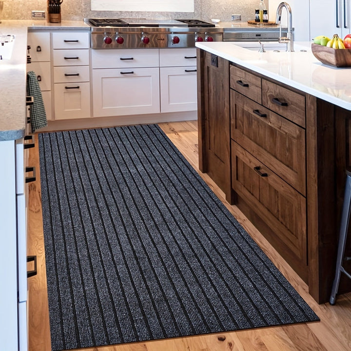 Durable striped hallway runner rug, non-slip backing for safety, ideal for indoor or outdoor use.
