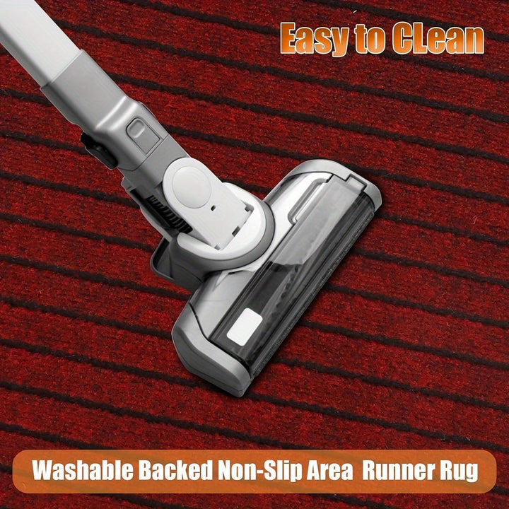 Striped washable runner rug, durable polyester fiber, suitable for indoor & outdoor use.