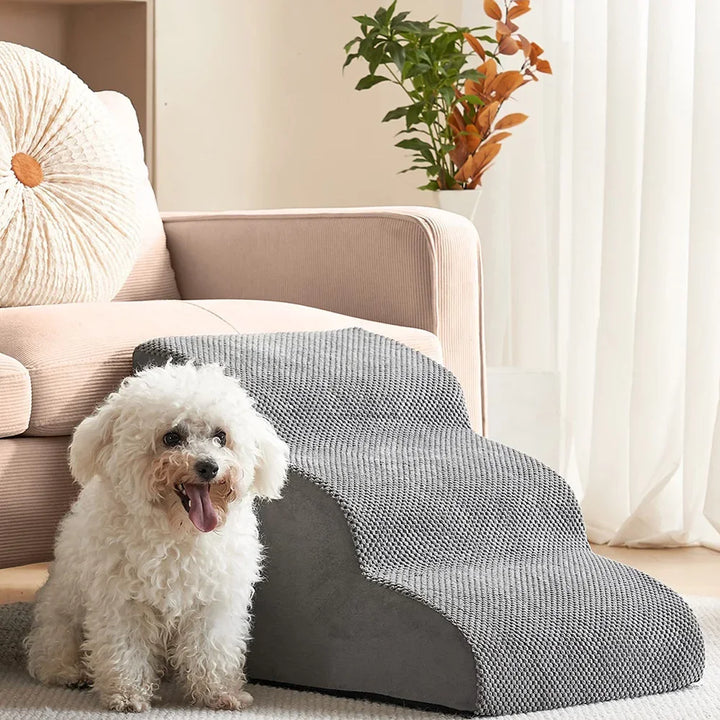 Small dog steps: non-slip pet stairs with washable cover, perfect for bed access.