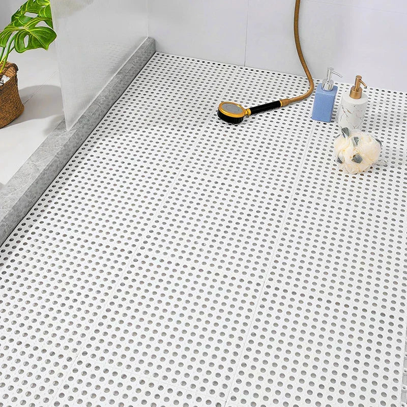 Gray non-slip shower mat for bathroom safety. Quick dry, waterproof bath mat set protects floors.
