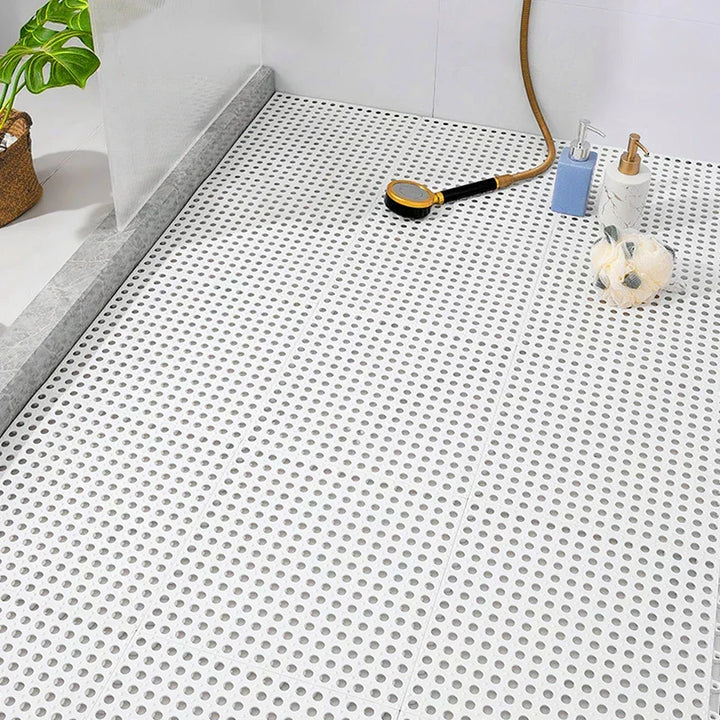 Gray non-slip shower mat for bathroom safety. Quick dry, waterproof bath mat set protects floors.