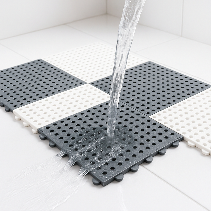 Non-slip shower mat set, quick-drying for bathroom safety. Waterproof bath mats protect floors.