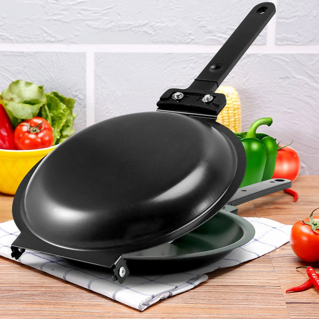 Non-stick double-sided pan for easy flipping pancakes & omelets. Essential kitchen cookware.