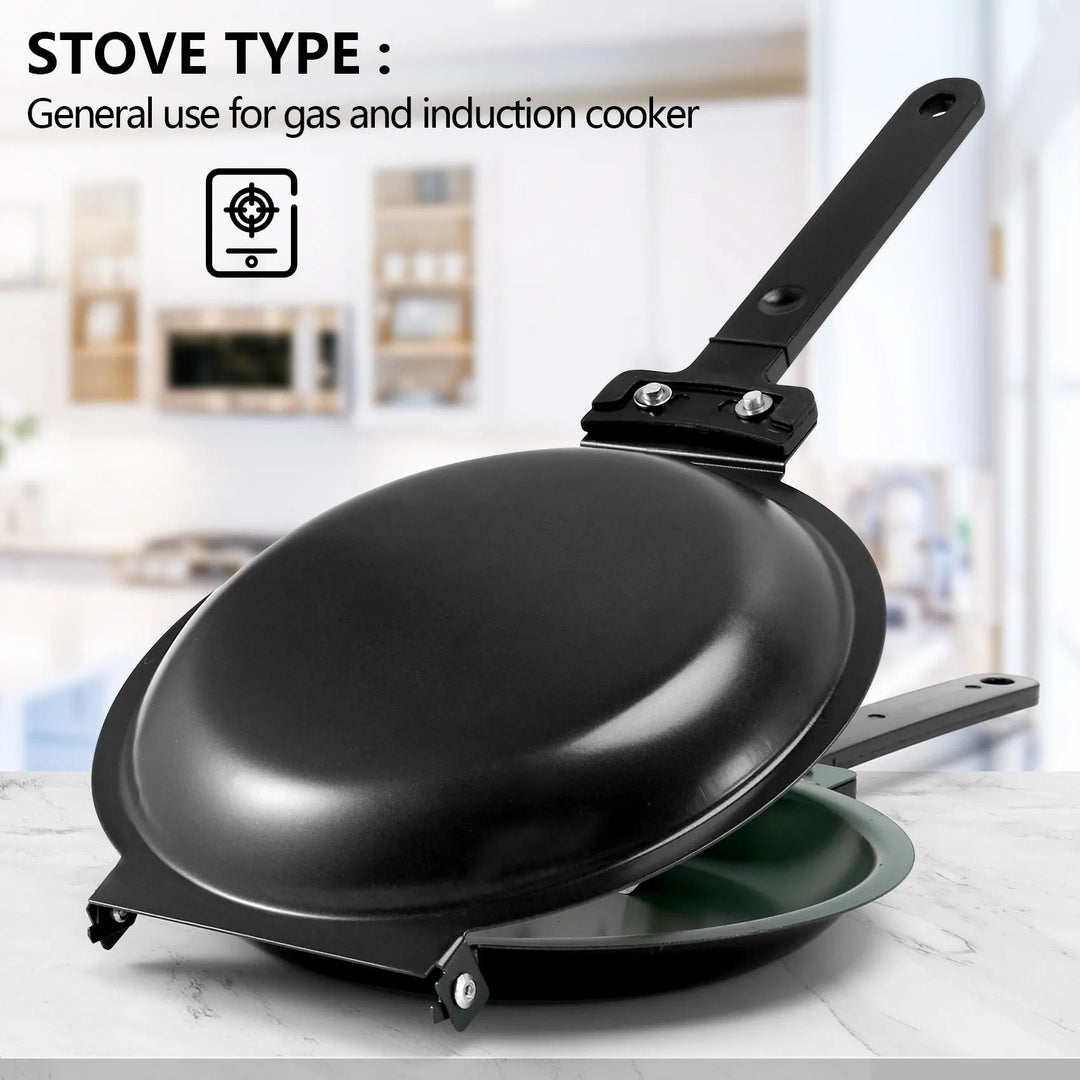 Ergonomic double-sided non-stick cooking pan, ideal for making breakfast dishes like crepes and frittatas.