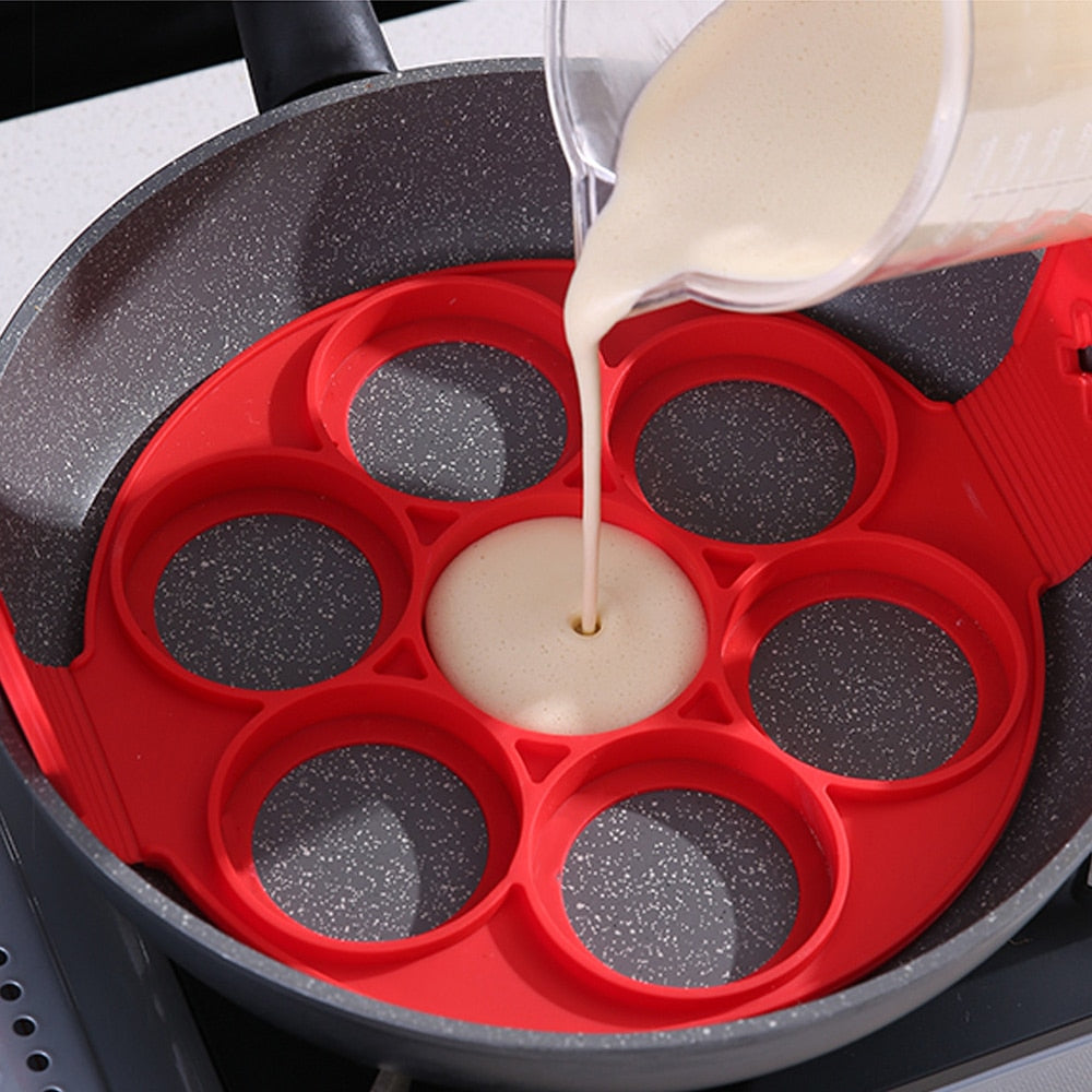 Non-stick multi-mold pancake pan for perfect breakfast; heart & circle shapes, easy clean.