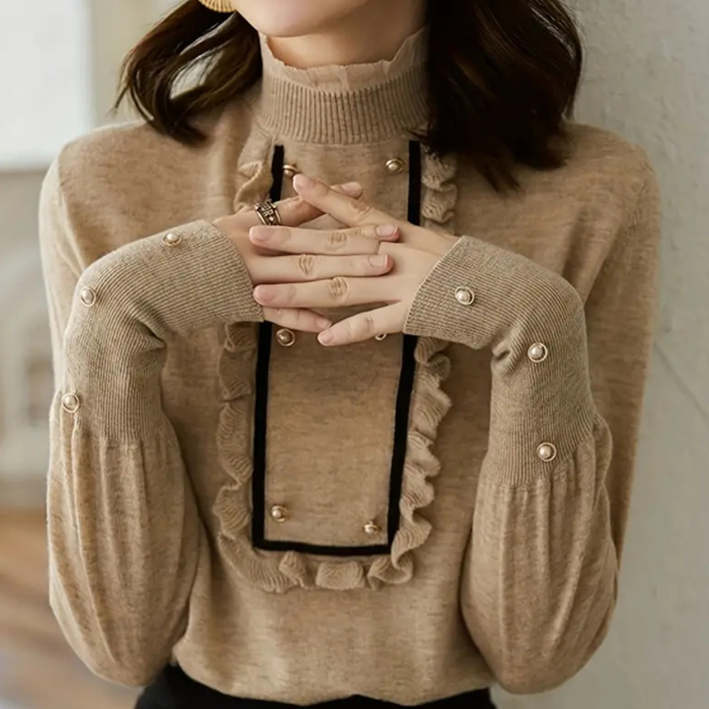 Nora versatile khaki women's blouse, perfect for casual or dressy wear. Elegant long sleeve top for ladies fashion.