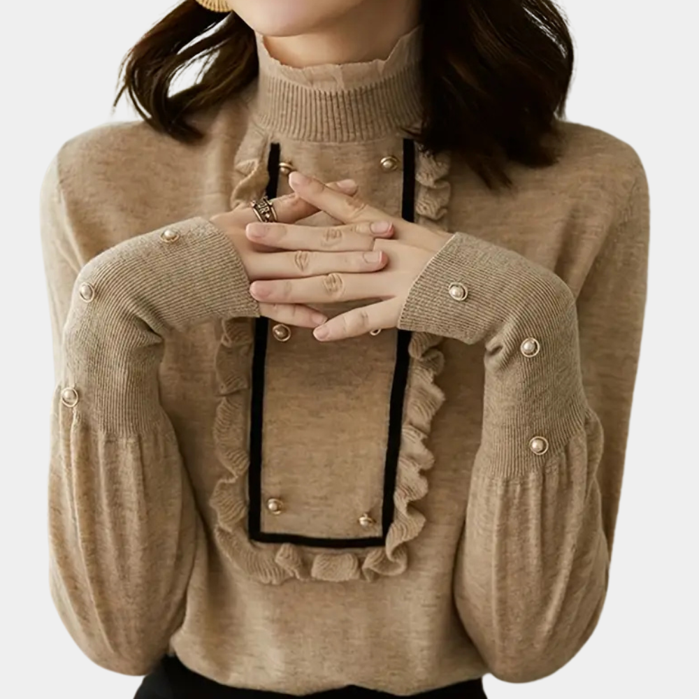 Effortless khaki women's blouse, Nora. Versatile long sleeve top that transitions from casual to dressy, ideal for ladies.