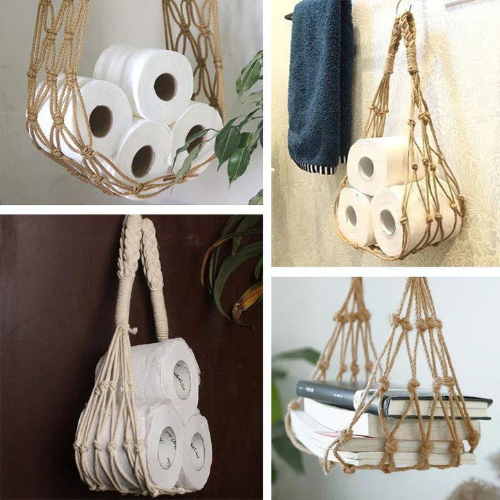 Bathroom storage solution: Nordic Cotton Hanging Organizer, hand-knotted, ideal for toilet paper.